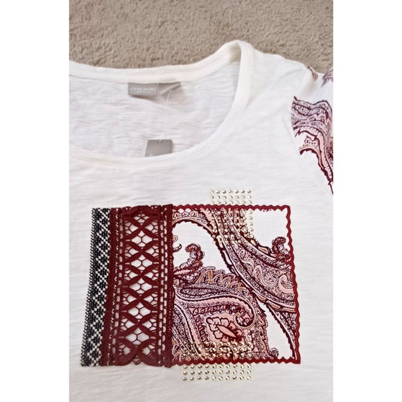 Chico's Zenergy Size 2 Top Shirt Round Neck 3/4 Sleeve Embellished Front Red NWT - Picture 3 of 6